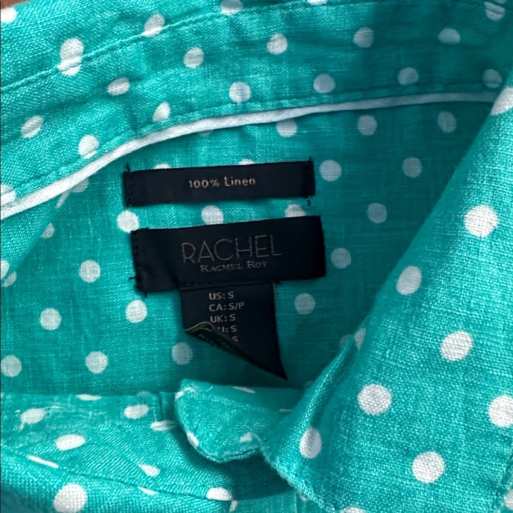 RACHEL Rachel Roy Turquoise Polka Dot Linen Shirt - Picture 2 of 8